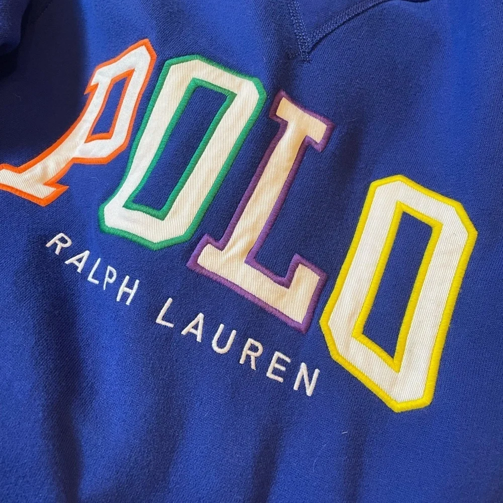 Polo Ralph Lauren Fleece Blue Sweatshirt Colorful POLO Logo Spell Out Size S EUC